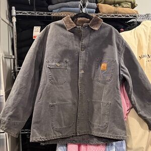 Vintage Carhartt Gray Jacket with Brown Collar/ With Back Graphic